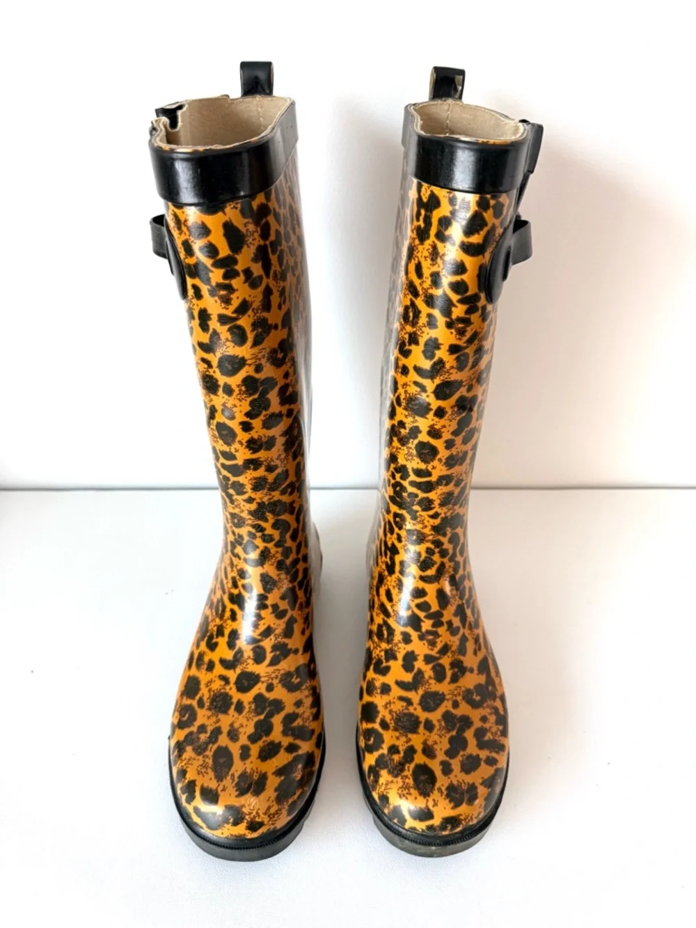 Capelli New York Ladies Shiny Leopard Print Tall Rain Boot Adjustable Calf 6 - Picture 4 of 11